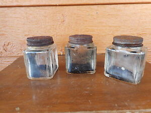 Vintage Lot 3 Glass Ink Bottles Ink Primitive Country Salvage Lids are rusted