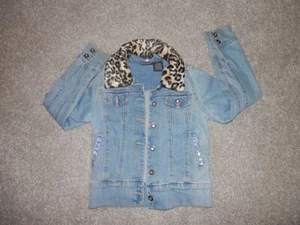 mary-kate and ashley DESIGNER BLUE JEAN JACKET    FAUX FUR LEOPARD SIZE 8 - Picture 1 of 6
