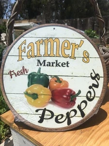Farmers Market Fresh Peppers Round Sign Tin Vintage Garage Bar Decor Old Rustic - Picture 1 of 1