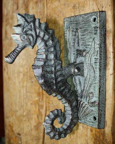 Cast Iron Antique Style Nautical SEAHORSE Door Knocker Green Finish Sea Shell Cover
