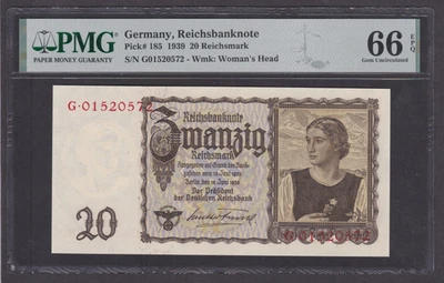 [PMG-66 EPQ] 1939 Germany 20 Reichmark P-185 G01520572 - Image 1 of 2
