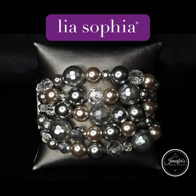 Brazalete elástico de 5 hilos de perlas y corte cristal de tono gris Lia Sophia "Plaza" Foto 1 de 4