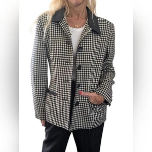 Vintage Casual Corner Houndstooth Wool Blazer Leather Trim Collar Size 12 - Picture 1 of 8