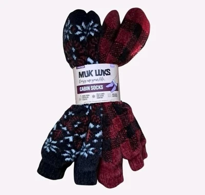 New Muk Luks Cabin Slipper Socks Black & Red S/M (5-7) 2 Pack Non Skid Adult - Image 1 of 4