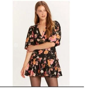 Olivaceous Black Floral Mini Ruffle Linen Dress size Medium - Picture 1 of 11