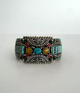 Tibet Nepalese Cuff Bangle Cuff With Turquoise Coral And Lapis Lazuli Stone - Picture 1 of 14