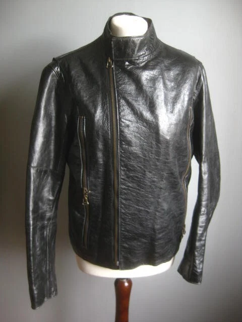 REISS leather BIKER JACKET medium 40 38 slim mens black patent cracked modernist - Image 1 of 4