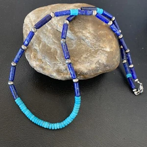 Mens Turquoise & Lapis Beads Navajo Pearls Sterling Silver Necklace 21" 12471 - Picture 1 of 12