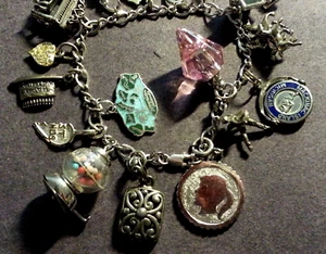 Vintage 50's+ Sterling Silver Charm Bracelet & 17 Charms, Movers, Loaded 7.25" - Picture 1 of 14
