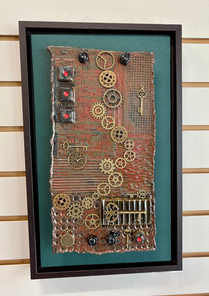Steampunk Wall Art - Framed Pottery Handmade at ClayByKirt small studio - Image 1 of 3