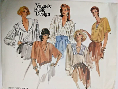 Blouse Top Pullover Loose V Neck 14 16 18 VOGUE 1832 Sewing Pattern UC VTG 80s - Image 1 of 4