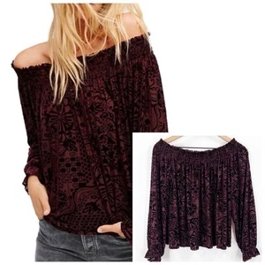 Free People A Little Twist Velvet Off Shoulder Blouse Top Size Medium Burgundy - Picture 1 of 10