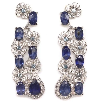 925 Silber Handgemacht 4 x 6 Mm. Blauer Saphir & Weiß Zirkonia Ohrringe - Bild 1 von 4