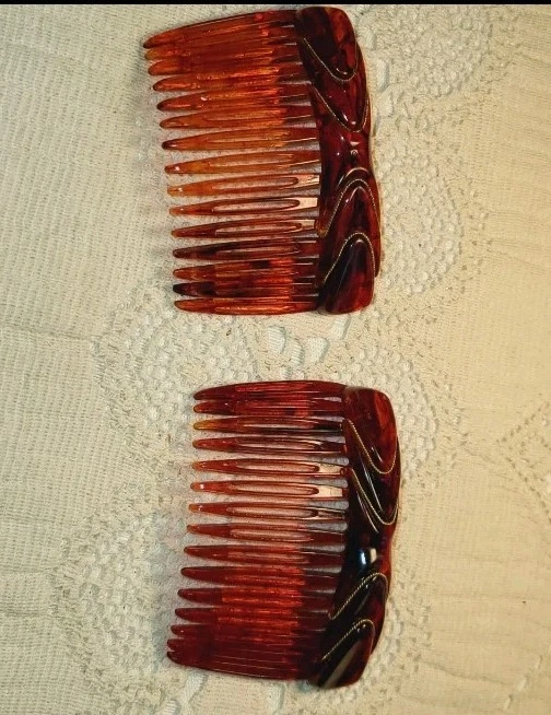 Vintage Hair Combs Made in France Tortoise Plastic Gold Twisted Wire Set of 2 - Image 1 of 1