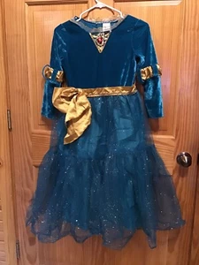GIRLS ELEGANT DISNEY PRINCESS MERIDA TEAL/GOLD DRESS/COSTUME 7/8 - Picture 1 of 5