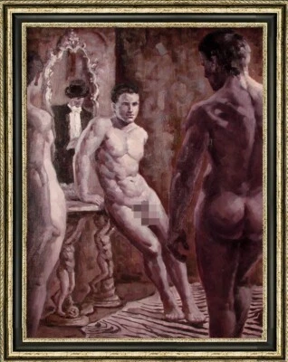 Arte de pintura al óleo original hecho a mano gay joven hombre desnudo sobre lienzo 24"X36" Foto 1 de 2