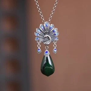 L05 Ciondolo Pavone Con Goccia In Malachite Verde Argento Sterling 925 - Foto 1 di 3