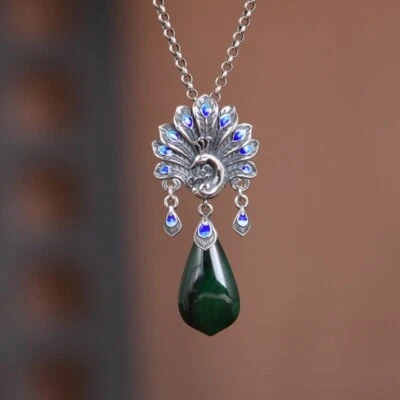 L05 Ciondolo Pavone Con Goccia In Malachite Verde Argento Sterling 925 - Immagine 1 di 3