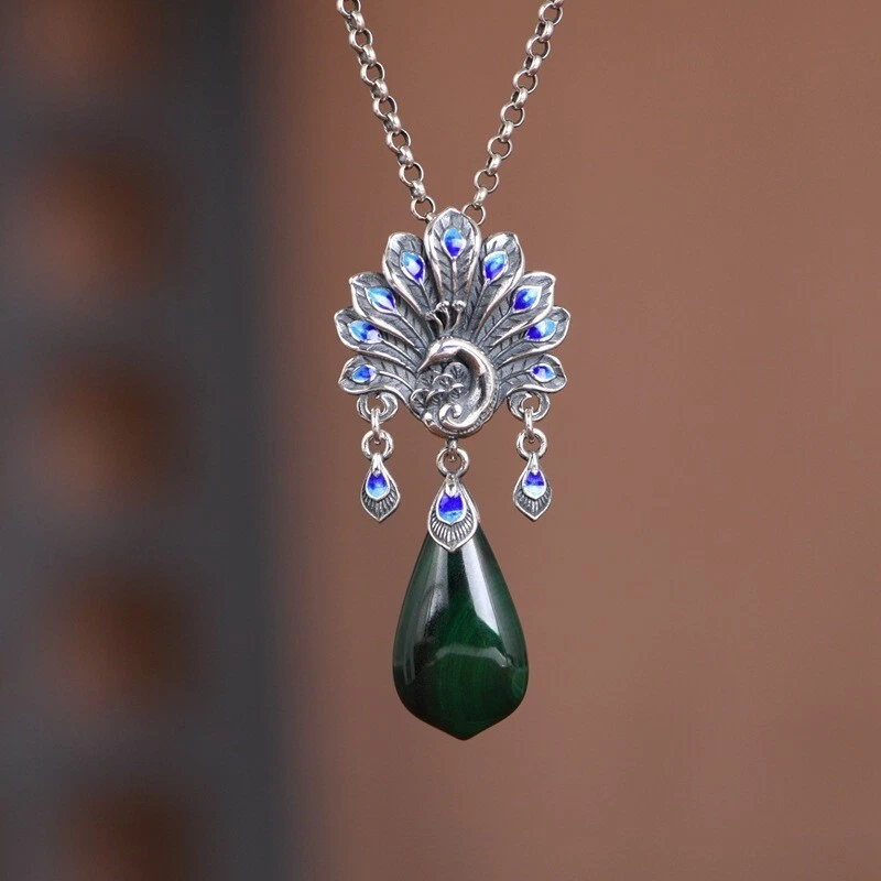 L05 Ciondolo Pavone Con Goccia In Malachite Verde Argento Sterling 925 - Immagine 1 di 3