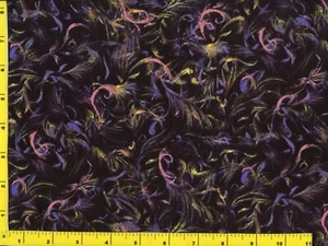 Purple Pink Yellow Lacy Feathers on Black Quilting & Sewing Fabric by Yard  #787 - Picture 1 of 1