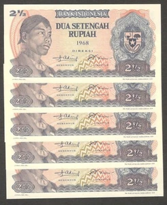 Lot 5 Pcs Indonesia 2 1/2 2.5 Rupiah General Sudirman 1968 UNC Taken from Bundle - Picture 1 of 2