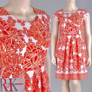 L XL 12 Vintage 80s R&K Bright Orange Floral Hawaiian Pocket Shift Dress Luau - Picture 1 of 9
