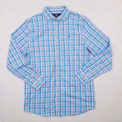 Camisa Vineyard Vines Niños Extra Grande Azul Rosa Ballena Cuadros Tartán Abotonada Foto 1 de 4