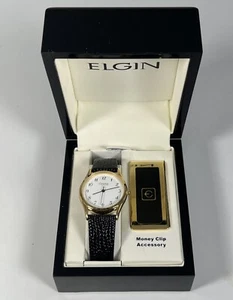 Caravelle Bulova Round Gold White Wrist Watch In Elgin Box W/ Elgin Money Clip - Picture 1 of 10
