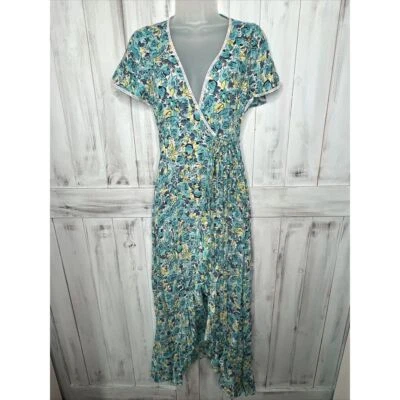 POUPETTE ST BARTH JOE TEAL WHITE YELLOW FLORAL FLUTTER SLEEVE MAXI WRAP DRESS XS - Image 1 of 4