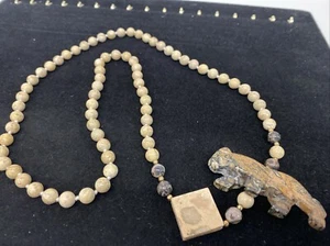Vintage Stone Carved Panther Tiger Polished Stone Beaded Necklace Knotted - Picture 1 of 11