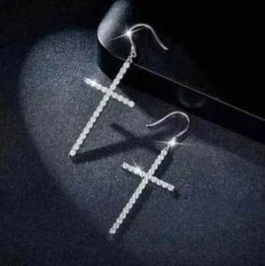 Cross Dangle Earrings 1 Ct Round Cut Lab-Created Diamond 14K White Gold Plated - Picture 1 of 5
