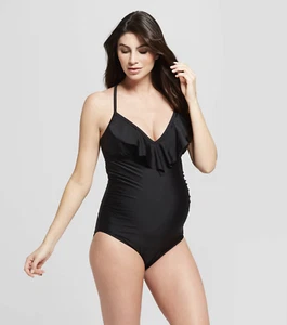 Women's Maternity Flounce One Piece Swimsuit - Isabel Maternity -Black - L -S136 - Picture 1 of 5