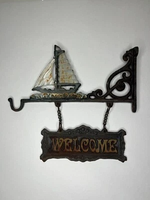Vintage Cast Iron Hanging Welcome Sign - Nautical Sailboat - Ship Theme - Image 1 of 4