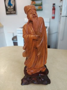 Vintage orientalisch geschnitztes Holz chinesischer weiser Mann mit Fächer Skulptur Statue  - Bild 1 von 13