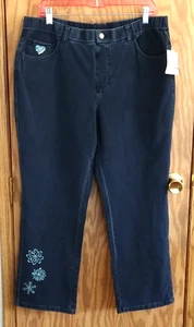 Dream Jeannes Quacker Factory Pants Womens L SHORT Blue Pull On Rhinestone NEW - Picture 1 of 12