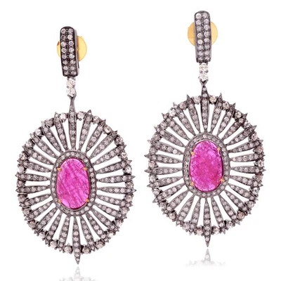 Ruby Diamond Statement Earrings Women Gold Silver Luxury Party Fashion Jewelry - Image 1 of 4