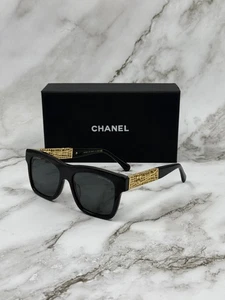 NEW Chanel CH5533 Black Acetate & Gold Jewel Tweed - Gray Lens Sunglasses - Picture 1 of 9