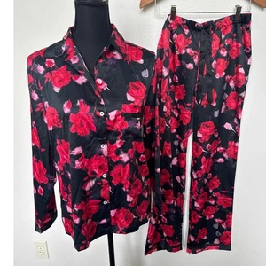 Victoria's Secret Satin Pajama Set Black Red Floral Romantic Size S NWT - Picture 1 of 11