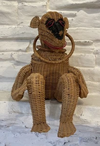 Cesta cartera mono mimbre vintage años 50-60 figura animal única con cara pintada - Imagen 1 de 12