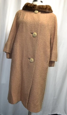 Abrigo Columpio Vintage Años 50 Tweed Lana Camel Con Cuello Visón Foto 1 de 4