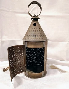 Vintage Antique Mid Century Revere Style Sunburst Punched Tin Lantern W/ Hanger - Picture 1 of 6