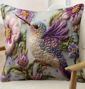 X2 Humming Bird Cushion Covers Vibrant Floral Velvet Feel Pink Lilac Handmade - Picture 1 of 3