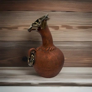 Clay Pottery Vase / Jar Vintage W/ Gold Finish Top And Handle Red Pot - Picture 1 of 14