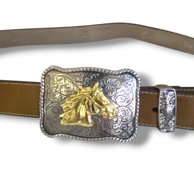 Cinturón para mujer Nocona marrón occidental talla XL plateado tono dorado hebilla de cinturón de caballo Foto 1 de 4