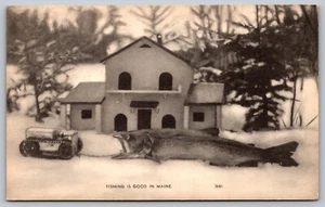 Fishing Is Good In Maine ME Exaggerated Fish Tractor Humor Vintage Postcard H5 - Picture 1 of 2