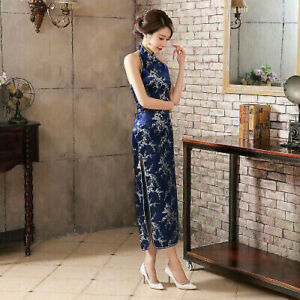 Navy Blue  Lady Satin Evening Dress Chinese Novelty Backless Cheongsam Qipao