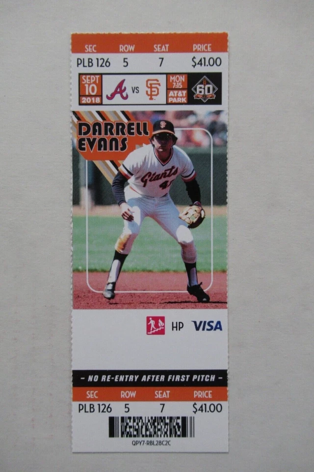 Boleto completo Gigantes de San Francisco vs Bravos de Atlanta 10/09/2018 ~ Darrell Evans Foto 1 de 1