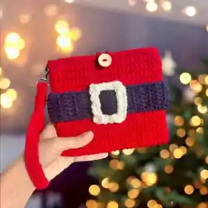 Christmas Holiday E-book Pouch 6,5 x 7,8 in Crochet Santa Belt Book Sleeve - Picture 1 of 9