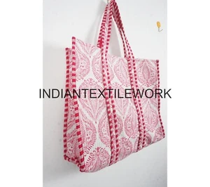 Handgefertigte indische Einkaufstasche gesteppt Hand Block Blumendruck TB-77 - Bild 1 von 5