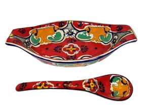 Plato para servir cerámica mexicana vintage Talavera hecha a mano sin plomo 10" y cuchara - Imagen 1 de 19
